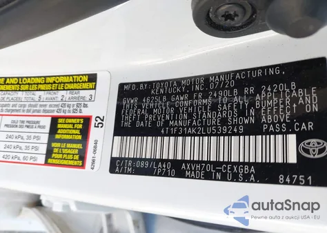 2020 Toyota Camry Xle Hybrid z USA, uszkodzony, nr VIN 4T1F31AK2LU539249